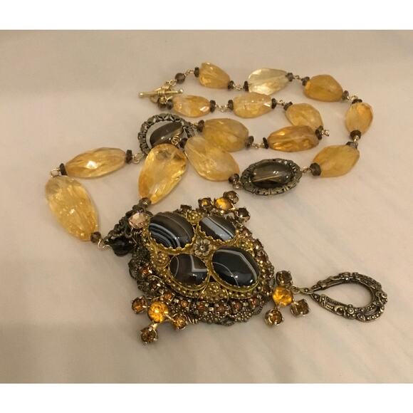 Vintage Marian Raser Banded Agate/Citrine Etruscan Revival Pendant Necklace